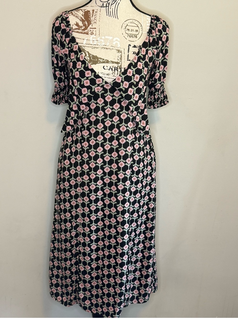 Mimi Chica Black Midi Dress with Pink Floral Print - Size S